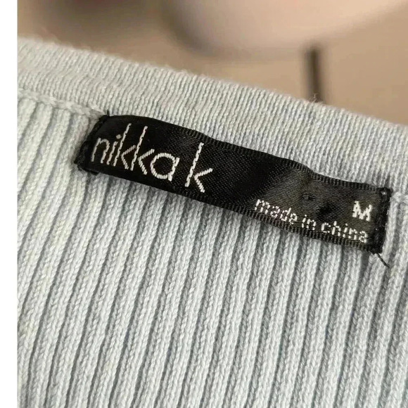 New Nikka K Medium Light Blue V-neck Center Drawstring Cinch Ribbed Sweater - Picture 6 of 7